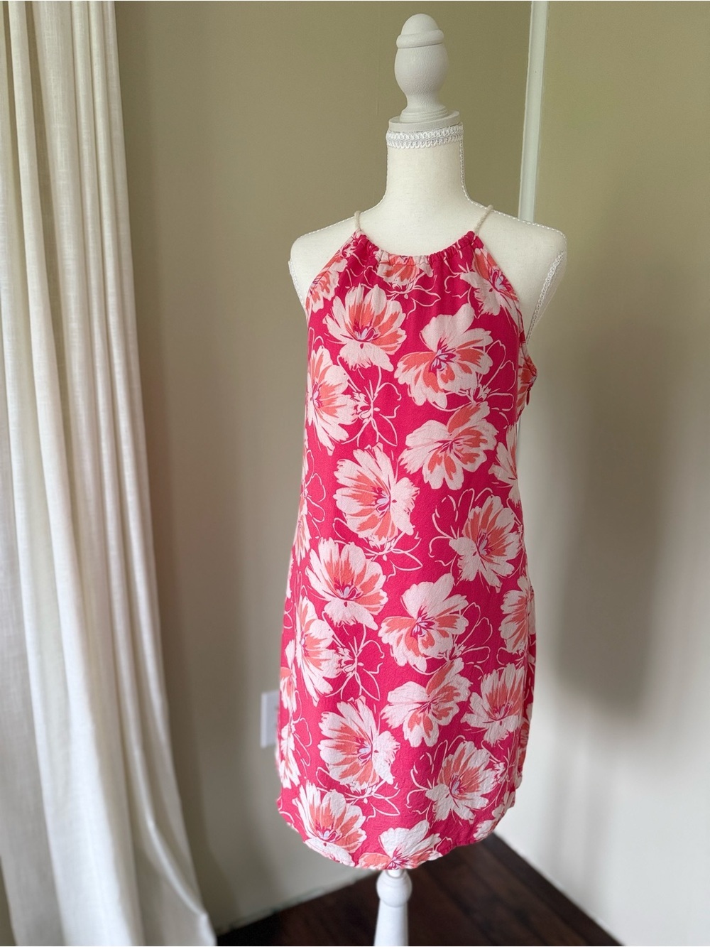 Vintage Hollister Mini Dress Y2K Pink Floral Mini Dress Coral Accents Halter Tie - Picture 3 of 9